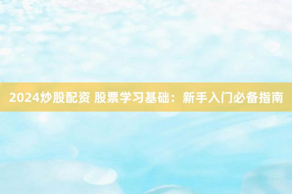 2024炒股配资 股票学习基础：新手入门必备指南
